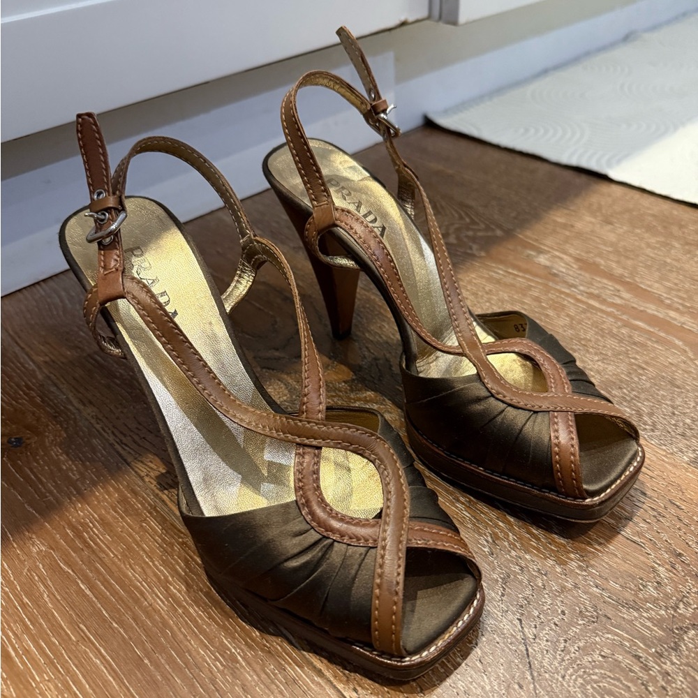 Vintage Prada Brown Leather Olive Satin Heeled Sandals